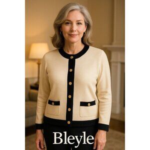 Vintage Bleyle Cream & Black Cardigan Sweater 100% Pure Wool Women's